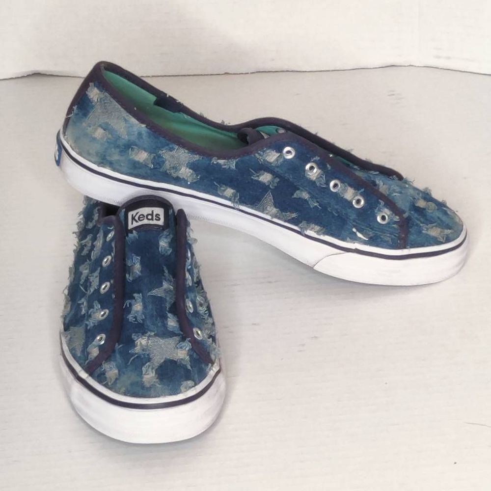 Keds Double Up Distressed Denim Canvas Sneakers Stars Indigo Women's 8.5 Casual